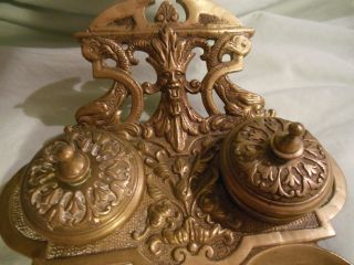 Vtg Brass Footed Ornate Double Ink Well Embossed Sun God Birds Fish Floral Tray