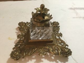 Vintage Brass Inkwell Stand With Cut Glass Well Ornate Footed Base
