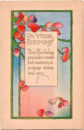 Arts & Crafts Birthday Postcard Magenta Pink Stylized Flowers Climb Green Vines