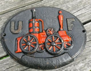 Vintage Cast Iron Uf United Firefighter Insurance Steam Fire Engine Plaque/sign