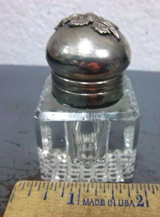 Vintage Glass Crystal Inkwell With Metal Flip Top Lid,  Heavy Cut Glass