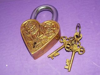 Indian Brass Heart Shape Padlock,  2 Keys Rose Embossed