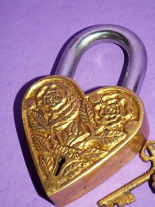 Indian Brass Heart Shape Padlock,  2 Keys Rose Embossed 2