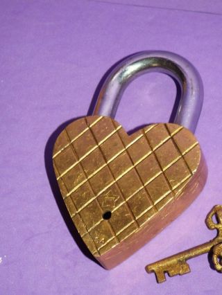 Indian Brass Heart Shape Padlock,  2 Keys Rose Embossed 3