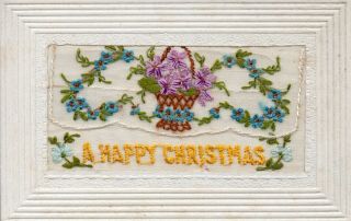 A Happy Christmas: Ww1 Embroidered Silk Postcard