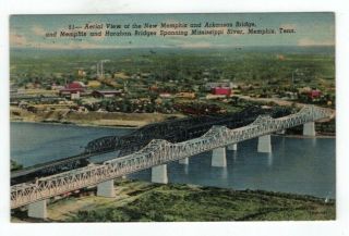 Tn Memphis Tennessee 1951 Linen Post Card View Of Two Bridges Mississippi River