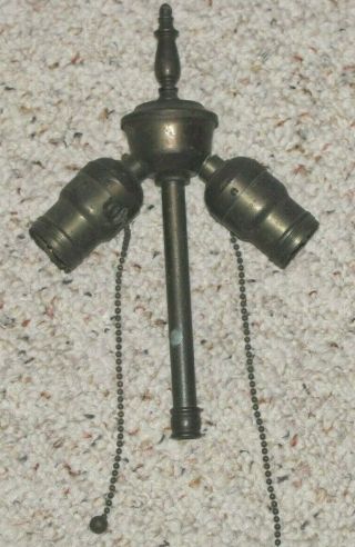 Antique All Brass Double Light Socket W/ Pull Chains And Finial For Lamp (24)