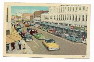 Vintage Arkansas Chrome Postcard Street Scene Conway Auto Tour No 1