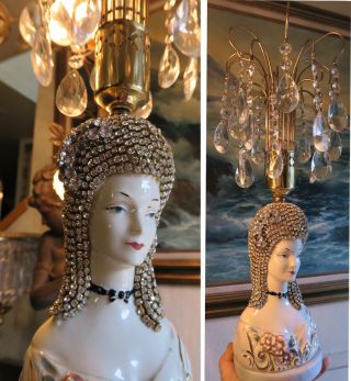 Boudoir Victorian Deco Fountain Lamp Jeweled Porcelain Lady Chandelier Waterfall