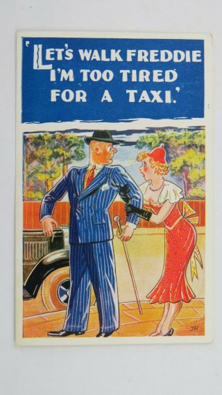 1930s Risque Comic Postcard Austin Taxi Cab Motor Car Fashion Hat Big Boobs Fred