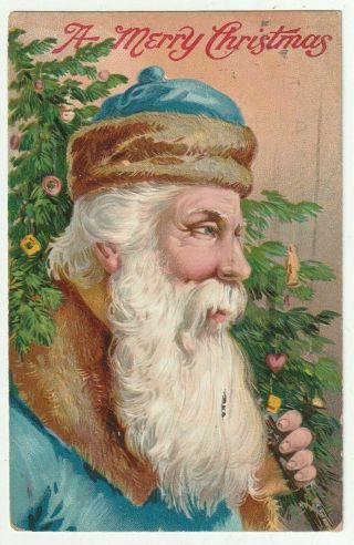 Rare Full Face Blue Robe Santa Claus Antique Christmas Postcard - K145