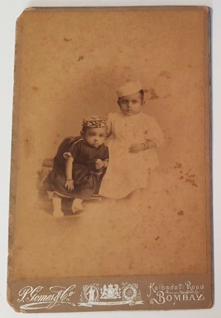 Two Small Children Cabinet Card By P.  Gomes Bombay India