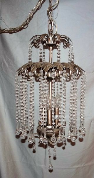 Italian Tole French Chandelier Swag Light Fixture Hollywood Regency Crystal
