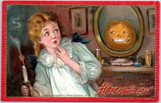 Vintage 1910s Halloween Postcard Girl W/ Candle Jol In Mirror Tuck 