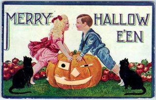 Vintage Merry Halloween Postcard Boy & Girl Kiss Over Jol International Art 1908