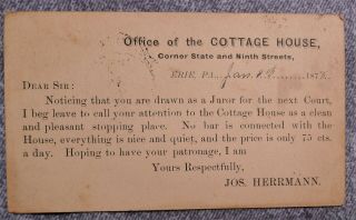1878 Postal Card Invite To Juror For Lodging The Cottage House Erie Pennsylvania