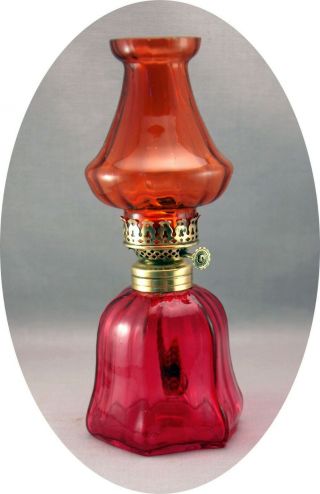Scarce Antique Cranberry Optic Molded Miniature Oil Lamp,  S1 - 438