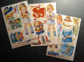 3 Postcards Evergreen Press Paper Dolls Baby Bunting,  Little Boy Blue Boy - Peep
