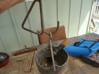 Vintage Bell System Cast Iron Lead Melting Smelting Pot Ladle,  Wood Handle