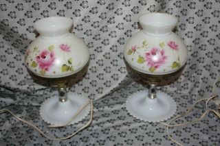 Pair Vintage Hobnail Milk Glass Lamp With Hand Painted Pink Rose Hurricane Shade