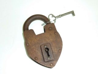1800s Antique Heart Shaped Pad Lock With Skeleton Key Large Heavy