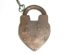 1800s Antique Heart Shaped Pad Lock with Skeleton Key Large Heavy 2
