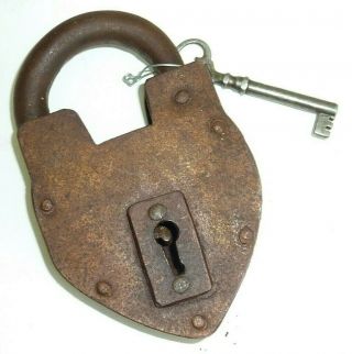 1800s Antique Heart Shaped Pad Lock with Skeleton Key Large Heavy 3