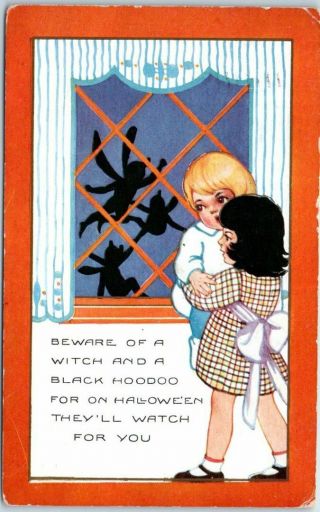 Vintage Whitney Halloween Postcard Girls Scared By Big Spiders On The Window