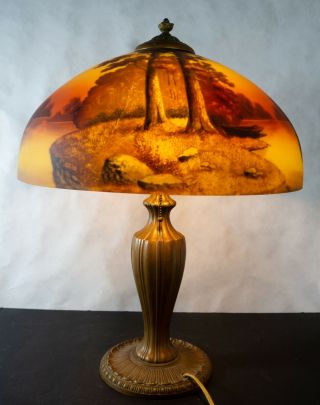 Phoenix Reverse Painted Lamp With Chipped Ice Finish.  Forest Scene C.  1920