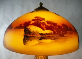 Phoenix reverse painted lamp with chipped ice finish.  Forest scene c.  1920 3