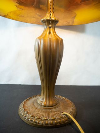 Phoenix reverse painted lamp with chipped ice finish.  Forest scene c.  1920 5
