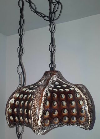 Maurice Chalvignac 70s Pottery Hexagon Pierced Lava Drip Glaze Hanging Lamp