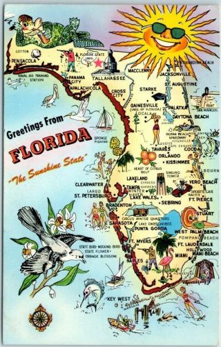 Vintage Florida Big Letter / State Map Postcard " The Sunshine State " 1966 Cancel