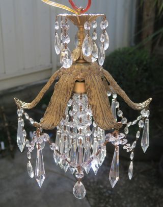 Reserved Palm Swag Brass Spelter Chandelier Lamp Leaf Fountain Crystal Prism