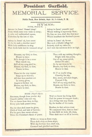 Sept.  1881 President James Garfield Memorial Service - Britain,  Ct Hymns