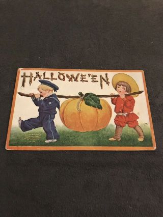 Halloween Vintage Postcard 1908,  Boy,  Girl Carrying Pumpkin International Art
