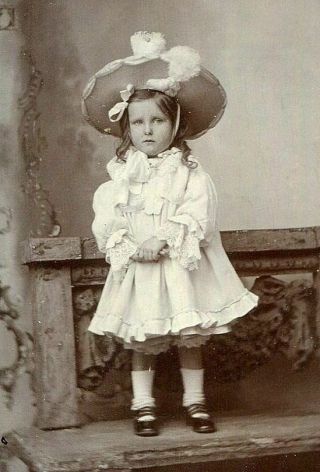 Antique Cdv Photo Darling Little Girl W Wide Brimmed Hat & Ruffled Dress Germany