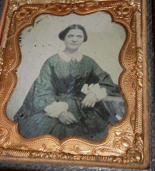 Antique 1/6th Plate Ambrotype Photo Of Lady In Green Dress Half Case