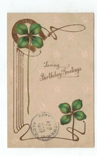 Antique 1907 Embossed Art Deco Birthday Post Card Shamrocks Gold Foil
