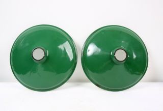 Two Vintage 12 In Barn Light Green White Enamel Porcelain Shade Industrial