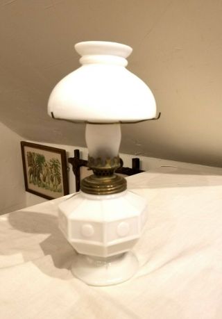 Milk Glass,  With Shade.  Smaller Kerosene Lamp,  With Chimney,  Wick.  8.  75 " U.  S.  A.