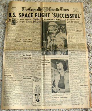 Alan Shepard 1961 1st Us Human Space Flight Mercury - Redstone 3 Rare Newspaper