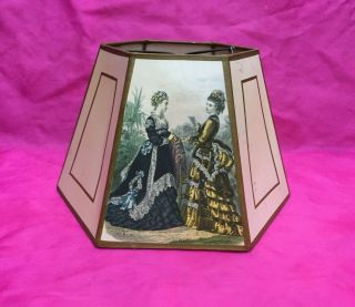 Vintage Antique Scene Print Hexagon Paneled Lamp Shade Gold Trim 6 Sided Clip On