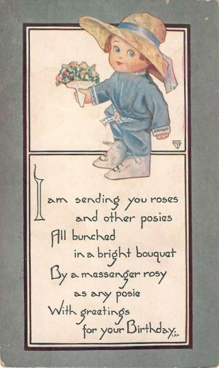 Cute Little Boy With Bouquet Of Flowers On Old Birthday Postcard - L.  F.  Pease - 1083