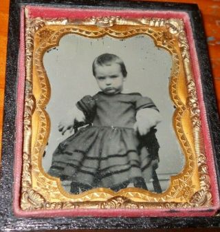 1/9th Plate Ruby Ambrotype Of Young Girl In Chair Half Case