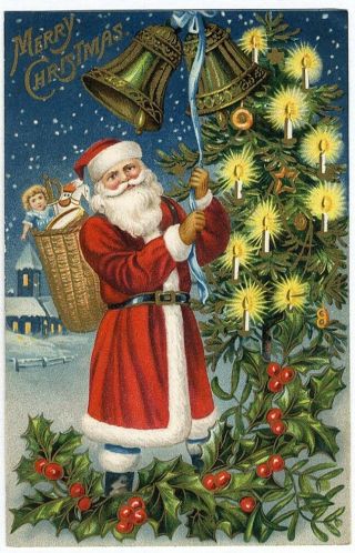 Santa Claus Ringing Christmas Bells Candle Lit Tree Postcard C 1910