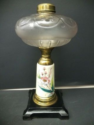 Antique Oil Lamp Base With Cranberry Floral Motif And Glass Etched Font 11 " Tall