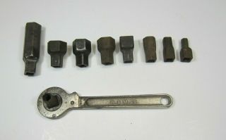Antique Vintage W & M Co.  Square Drive Ratchet Wrench With 9 Sockets