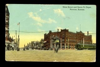 1912 Newton Kansas Street Scene Santa Fe Train Depot Lamar Ks Stamp Postcard B66