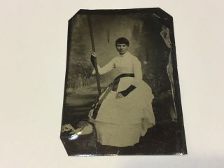 Antique Tintype Photograph Lovely Woman Classy Long Black Gloves Posed On Swing